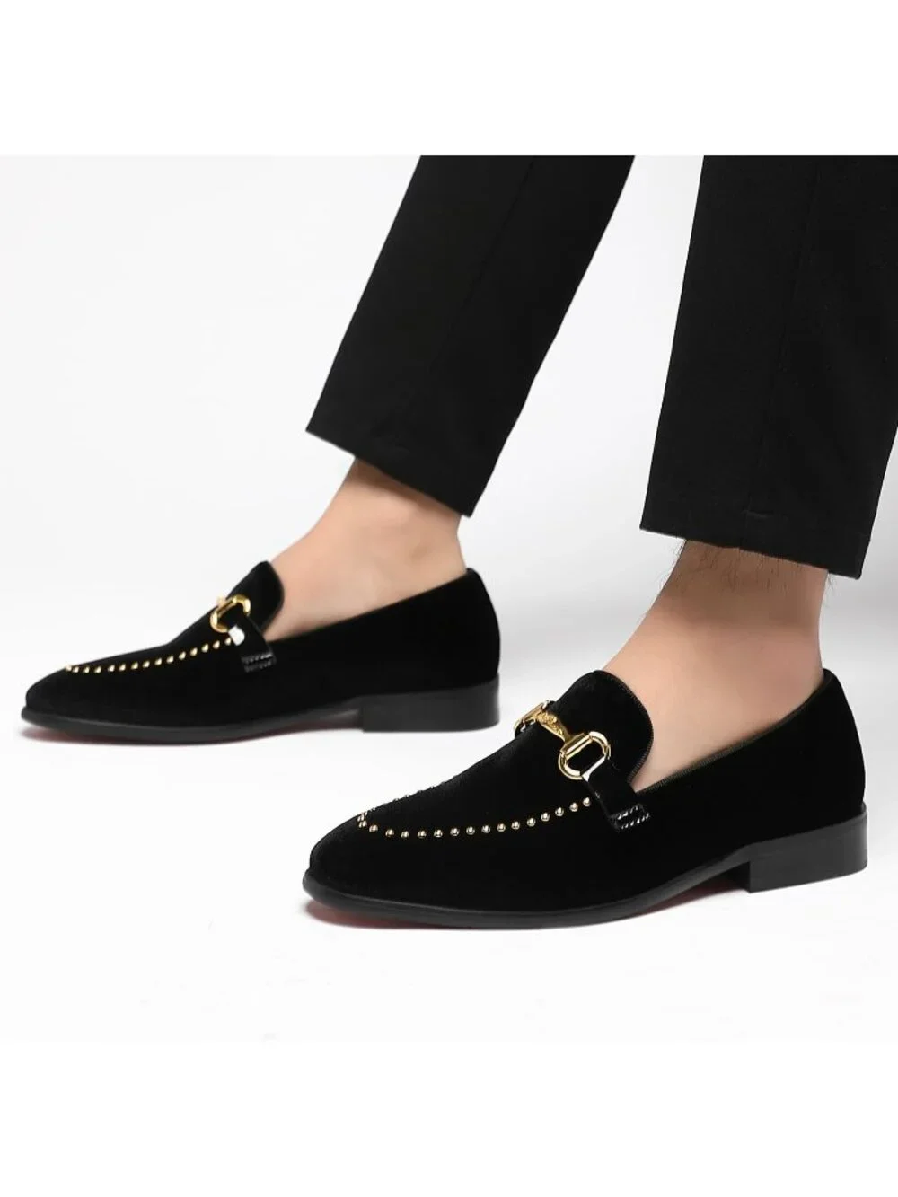 Men's Velvet Black Patent Leather Studded Loafers Wedding Prom Party Shoes